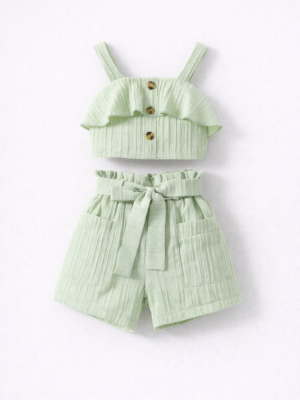 set de vara pentru fetite fete verde deschis compleu cu tricou si pantaloni scurti pentru copii lily