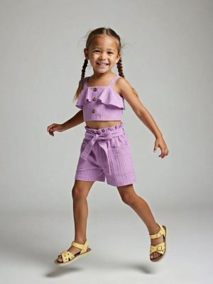 set de vara pentru fetite fete mov compleu cu tricou si pantaloni scurti pentru copii lily