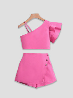 compleu roz cu tricou si fusta pantalon rosa