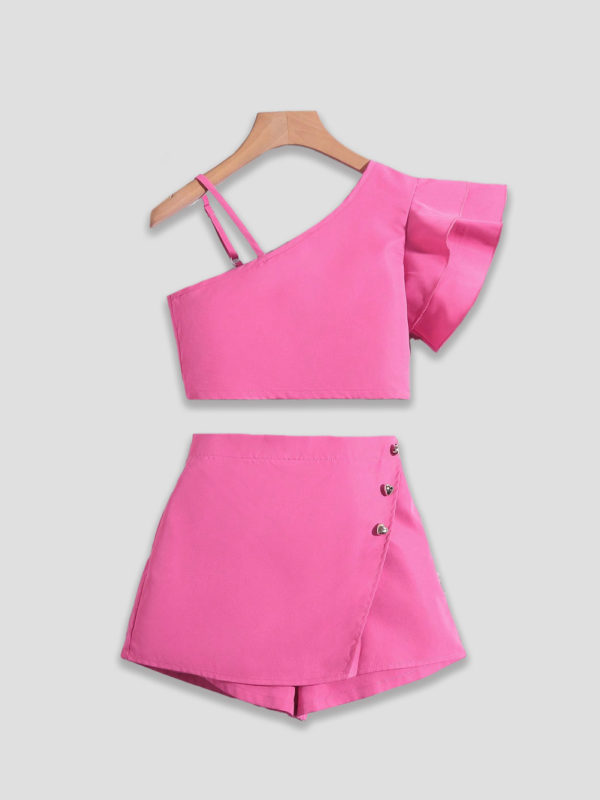 compleu roz cu tricou si fusta pantalon rosa