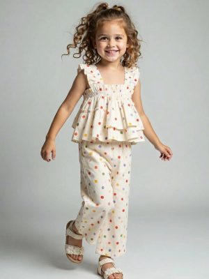 set de vara cu maieu cu volane si pantaloni lungi dots