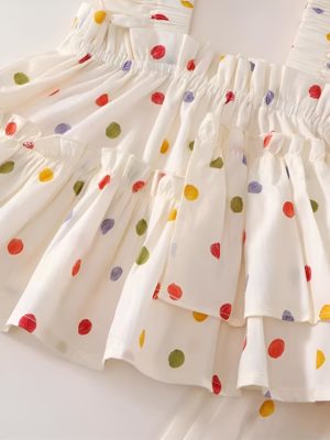 set de vara bej crem pentru fetite cu buline cu maieu si pantaloni doua piese dots