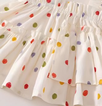 set de vara bej crem pentru fetite cu buline cu maieu si pantaloni doua piese dots