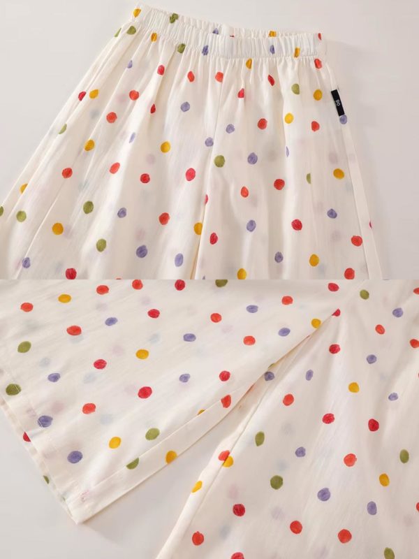 set de vara bej crem pentru fetite cu buline cu maieu si pantaloni doua piese dots