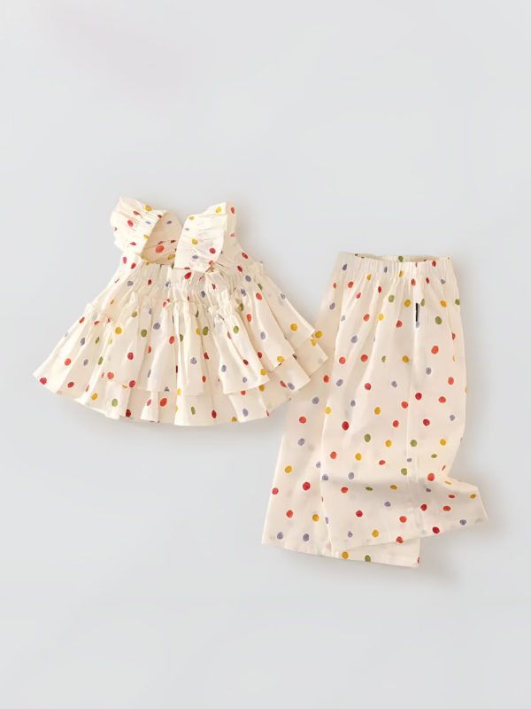 set de vara bej crem pentru fetite cu buline cu maieu si pantaloni doua piese dots