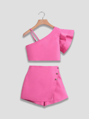 compleu set de doua piese roz de vara pentru fetite rosa