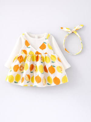 rochie pentru fetite fete cu fructe lamai maneci lungi galbena alba citrus