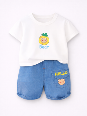 set de vara pentru baieti baietei cu tricou si blugi scurti piny beary