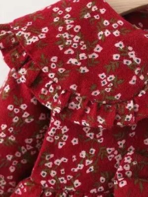 rochie rosie grena cu flori maneci lungi pentru fetite milly