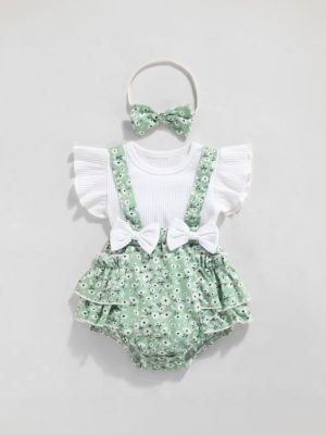 set de vara pentru bebeluse bebelusi verde alb imprimeu floral fleur