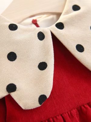 rochita rochie rosie pentru fetite fete cu guler amplu cu buline cu maneci lungi minelli