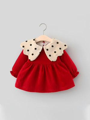 rochita rochie rosie pentru fetite fete cu guler amplu cu buline cu maneci lungi minelli