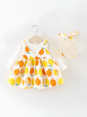 rochie pentru fetite fete cu fructe lamai maneci lungi galbena alba citrus