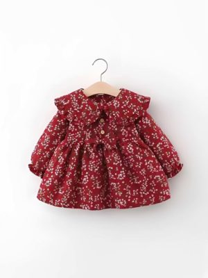 rochie rosie grena cu flori maneci lungi pentru fetite milly