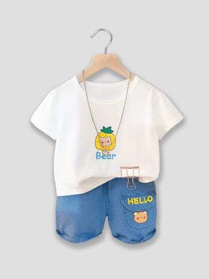 set de vara pentru baieti baietei cu tricou si blugi scurti piny beary