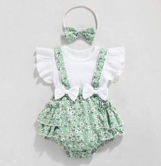 set pentru bebelusi cu imprimeu floral si volane green fleur