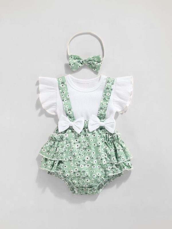set pentru bebelusi cu imprimeu floral si volane green fleur