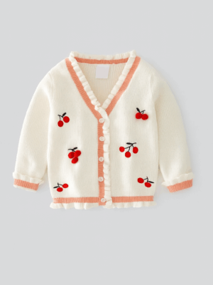 cardigan bej tricotat cu cirese pentru copii fetite cerise