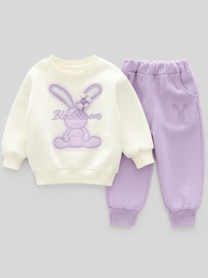 set cu pulover si pantaloni lungi compleu fetite copii cu iepurasi mov hoper