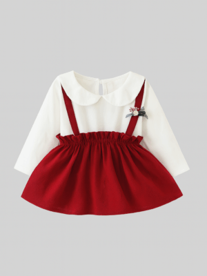 rochita cu fusta rosie si bluza alba pentru fetite anabella