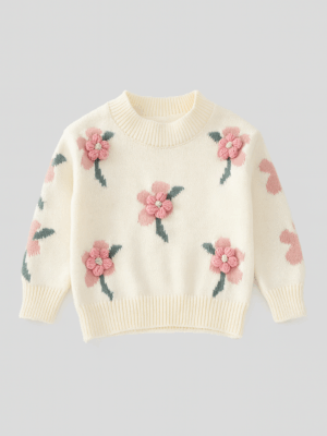 cardigan bej tricotat cu maneci lungi cu flori roz pentru copii fetite daisy