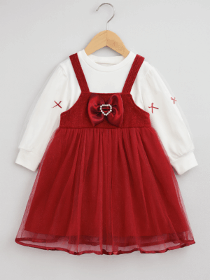 set cu rochie rosie lunga de sarbatori craciun si bluza alba pentru fetite vivi