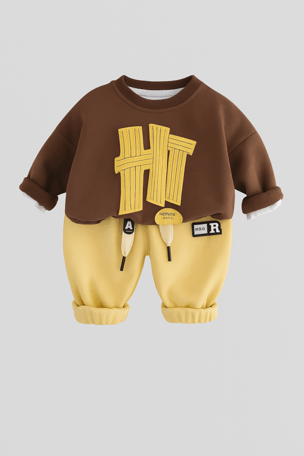 set de 2 piese cu bluza si pantaloni pentru toamna primavarapentru baietei copii brown buddy