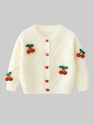 cardigan bej tricotat cu cirese pentru copii fetite cerise