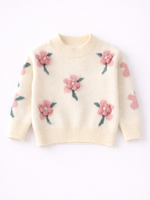 cardigan bej tricotat cu maneci lungi cu flori roz pentru copii fetite daisy