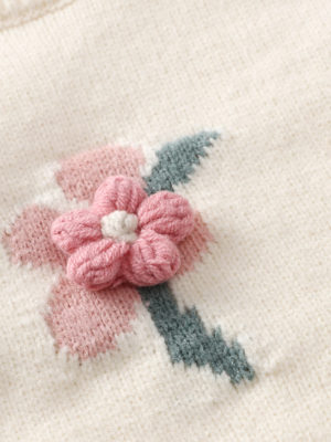 cardigan bej tricotat cu maneci lungi cu flori roz pentru copii fetite daisy