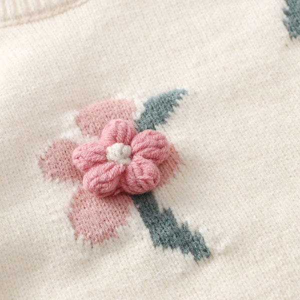 cardigan bej tricotat cu maneci lungi cu flori roz pentru copii fetite daisy