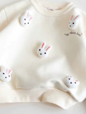 pulover alb pentru copii fetite baietei cu iepurasi bunnies