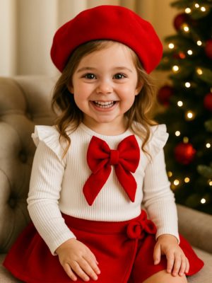 set cu trei piese cu fusta rosie, bluza alba si palarie pentru copii pentru sarbatori craciun anul nou revelion sedinta foto betty