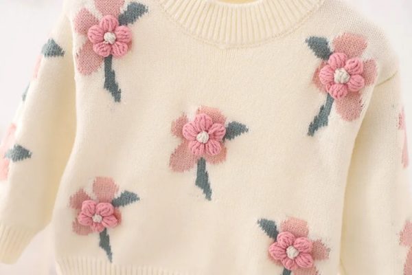 cardigan bej tricotat cu maneci lungi cu flori roz pentru copii fetite daisy