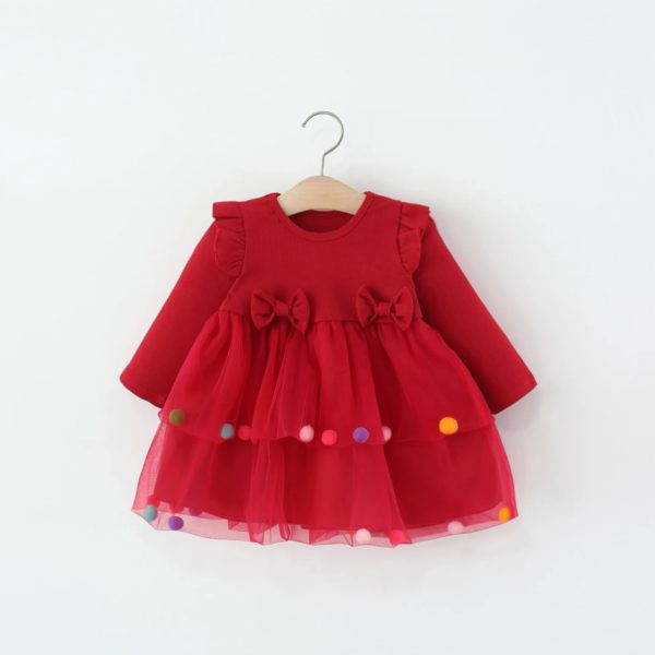 rochie rosie cu tul pentru fetite cu maneci lungi ciucuri ebie