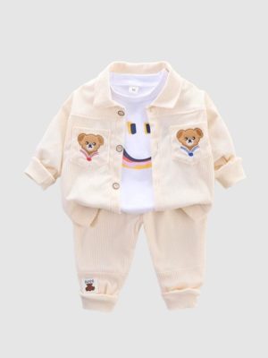 set cu bluza, jacheta si pantaloni bej deschis pentru copii cu ursulet ted