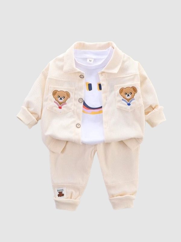 set cu bluza, jacheta si pantaloni bej deschis pentru copii cu ursulet ted
