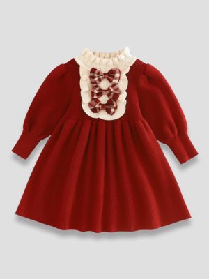 rochie rosie tricotata cu maneci bufante si fundite rudy