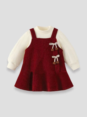 set de doua piese cu rochie rosie si bluza alba tricotate eve