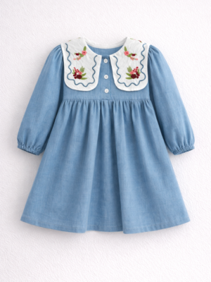 rochie lunga albastra pentru fetite copii in stil retro din bumbac organic cu broderie marina