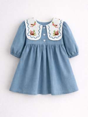 rochie lunga albastra pentru fetite copii in stil retro din bumbac organic cu broderie marina