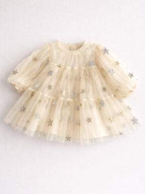 rochie bej cu tul si cu stelute stralucitoare rochiita eleganta pentru fetite copii mia