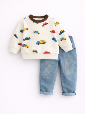 set cu pulover bluza si blugi cu masinute pentru baietei baieti copii cars