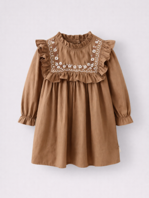 rochie lunga maro cu flori brodate pentru fetite copii in stil retro rochita cu maneci lungi fete erika