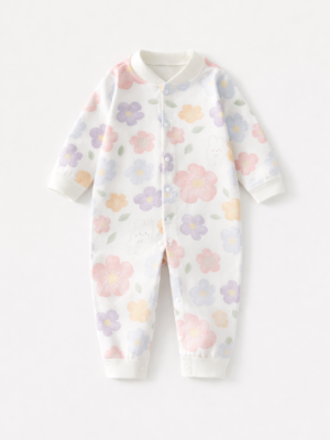 salopeta pijama din bumbac organic pentru bebelusi nou nascuti alba cu imprimeu floral pijama cu flori dash