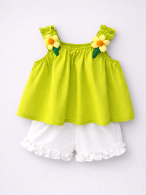 set de vara pentru fetite copii cu verde si alb cu pantaloni scurti si maieu cu flori tracy