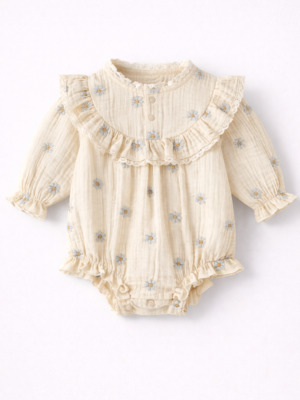 body bej cu flori din muselina de bumbac moale pentru bebelusi celine