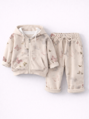 trening cu fluturi pentru fetite set cu hanorac cu gluga si pantaloni sport bej lucy