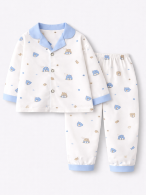 pijama pijamale albastru alb cu imprimeu desene animate pentru baietei baieti copii cu nasturi cu maneca lunga blue