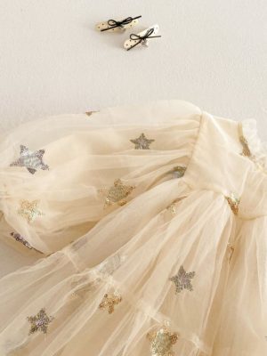 rochie bej cu tul si cu stelute stralucitoare rochiita eleganta pentru fetite copii mia